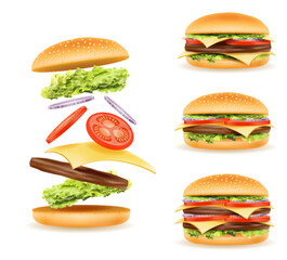 hamburger with meat chop tomato onion and cheese in a bun stock vector illustration fast food icons