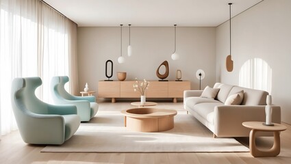 Elegant Nordic Design with Pastel Armchairs. Cozy Contemporary Home Interior Design