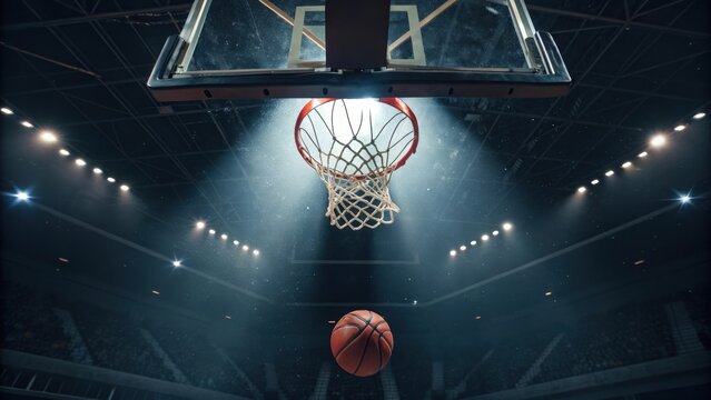 Basketball with lighting and hoop in indoor sports arena