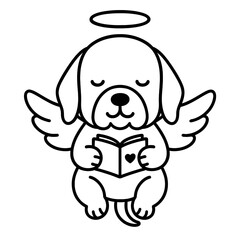 Fototapeta premium Angel dog with wings and halo reading book, black line art on white background