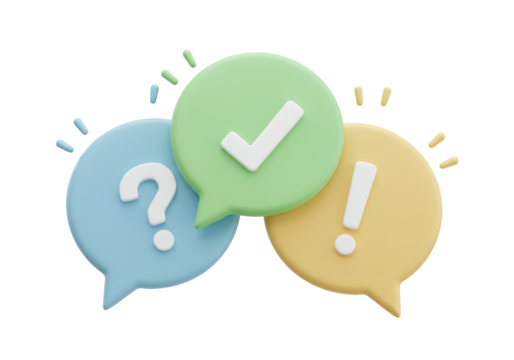 Isolated 3D render of speech bubbles representing question mark, check mark, exclamation point