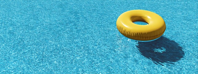 Yellow pool float, ring floating in a refreshing blue swimming pool.