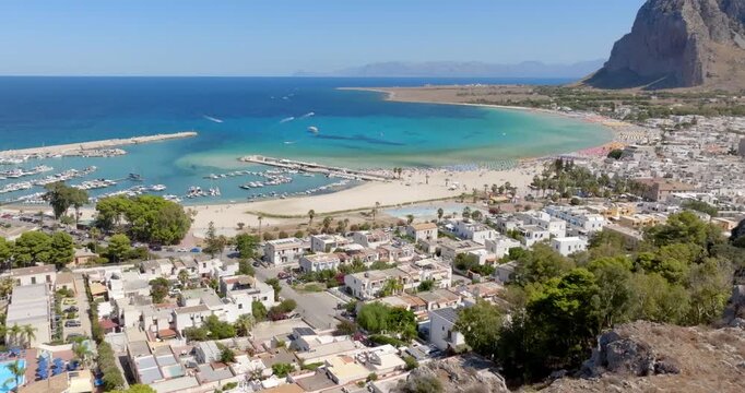 Aerial view of the town of San Vito Lo Capo, a tourist destination in province of Trapani, Sicily, Italy. It has a beautiful beach overlooking the Mediterranean Sea, visited by tourists every summer.