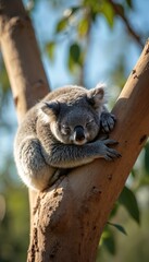 Cute fluffy koala sleeps peacefully on tree branch. Adorable marsupial rests in warm sunlight. Wild animal enjoys long nap in nature, feeling safe, calm. Australian wildlife in sleepy, tranquil