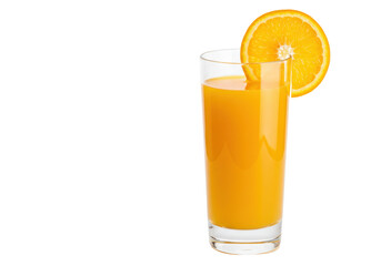 Isolated glass of orange juice with a slice of fresh fruit on the rim, tasty drink