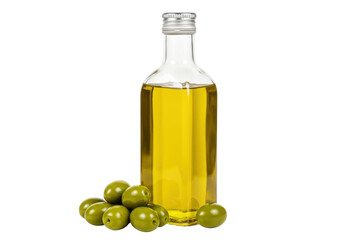 Isolated still life with a bottle of golden olive oil and a pile of fresh green olives