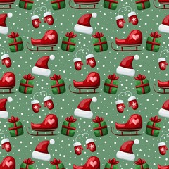 Christmas seamless pattern with Santa hats, mittens, sleighs and gift boxes on green background