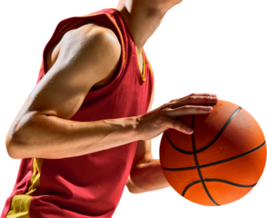 Basketball player close up holding ball ready for game focus. Concept of speed, endurance, focus showing energy, balance, and athletic skill. Transparent background