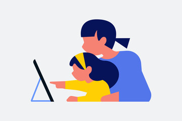 Flat minimal vector illustration of a mother and child learning together using a digital tablet. Represents modern parenting, online learning, digital education, and smart technology for children.