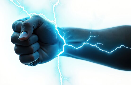 Fist with glowing blue lightning crackling around it. Symbolizes power strength and intense energy. This striking image conveys force and impact.