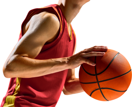 Basketball player close up holding ball ready for game focus. Concept of speed, endurance, focus showing energy, balance, and athletic skill. Transparent background