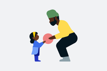 Adult and child playing together, diversity and family love illustration. Flat minimal vector illustration. Concept of connection across generations and cultures.