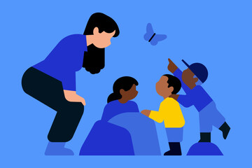 Children exploring nature with their teacher, discovering the world through outdoor learning and curiosity. A bright and positive illustration about education, and connection with the environment.