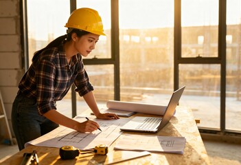 Female architect wearing a yellow hard hat and plaid shirt reviewing blueprints at a construction site. Concept of engineering, design, and project planning.