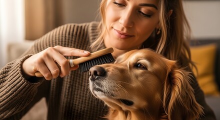 Owner grooming golden retriever pet care bonding moment