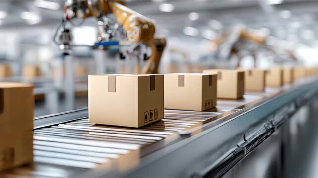 Robotic arm folding and sealing cardboard box on automated packaging line with conveyor belt	
