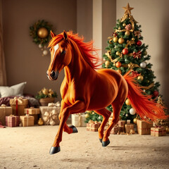 A vibrant orange horse runs playfully in a cozy room decorated for Christmas