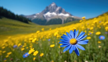 Fototapeta premium Close up blue flower in yellow mountain meadow. Majestic snowy mountain peak in background. Clear sky over green field with blooming flora. Bright sunny day.