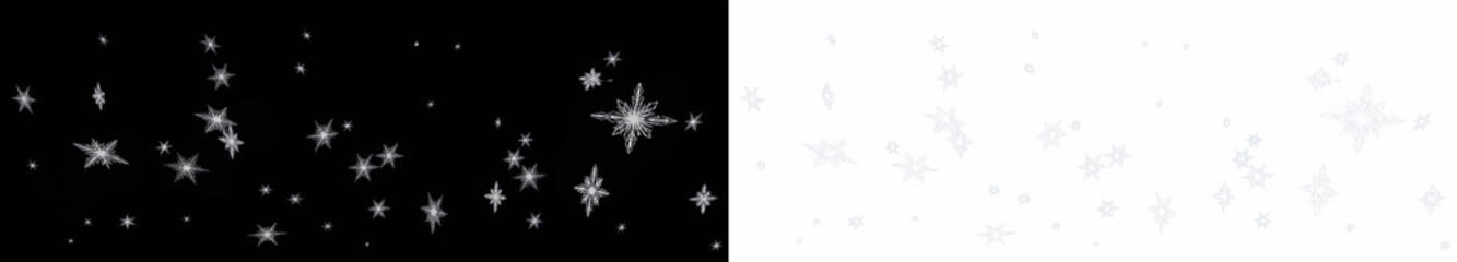 Sparkling snowflake overlay illustration on contrasting black and white backgrounds, perfect for festive designs and seasonal decorations, enhancing visual appeal and creativity