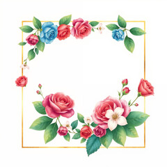 A decorative floral frame featuring pink, red, and blue roses with green leaves