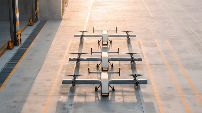 delivery drones docked at an outdoor charging station beside a warehouse
