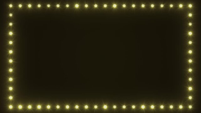 Videoanimation of flickering glowing frame animation of yellow light bulbs on a dark background - seamless loop. 