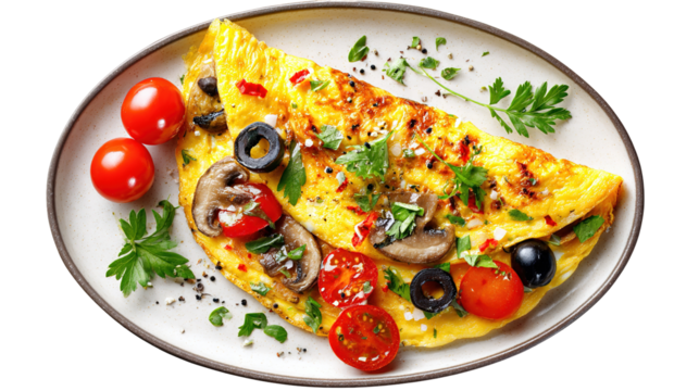 Omelet with parsley, cherry tomatoes, and copyspace