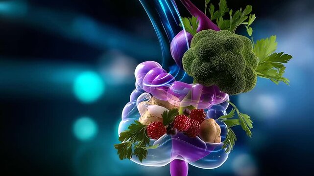 Digital healthcare visualization &mdash; advanced digestive system rendered in glowing tones, vegetables embedded in design symbolizing nutrient synergy, with copy space.