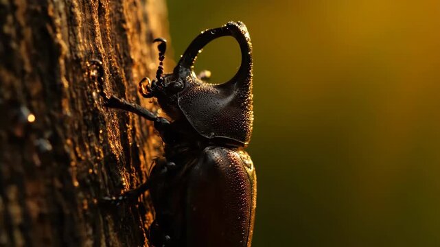 Stunning Close-Up of a Stag Beetle on a Tree Trunk in a Golden, Natural Setting