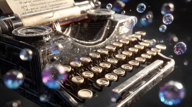 A vintage typewriter sits amidst floating bubbles, with aged paper loaded, evoking a whimsical sense of creativity - Powered by Adobe
