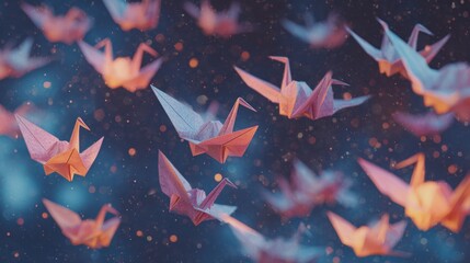 Origami cranes in flight, illuminated by soft light and bokeh, against a dark, starry background