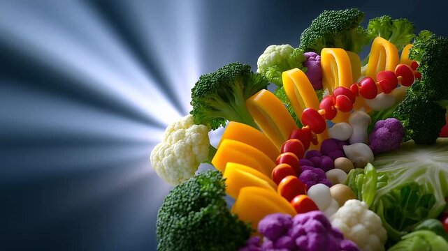 Smart nutrition visualization &mdash; vegetables forming patterns along a radiant digestive system, symbolizing harmony and efficient metabolism, with copy space.