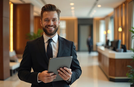 Smiling hotel concierge in suit holds digital tablet, ready to assist guests. Pro man stands in modern, upscale lobby. Offers excellent customer service, tech assistance, providing truly welcoming
