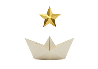 Isolated handmade paper ship floating under a shining golden star representing guidance