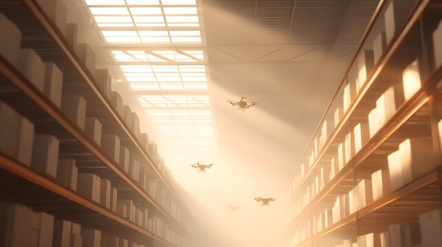 realistic interior of an eCommerce logistics warehouse with drones moving between shelves