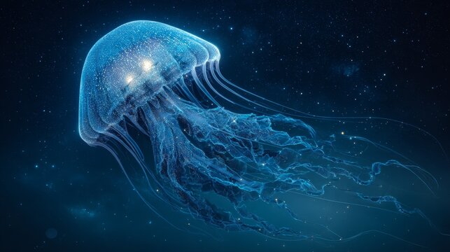 A glowing translucent jellyfish floats in a deep blue space, its delicate tendrils trailing with scattered golden flecks