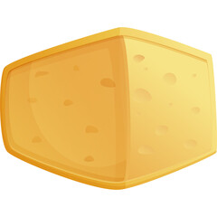 A Close Up Illustration of a Golden Yellow Cube Shaped Cheese Block with Small Irregular Holes on a Transparent Background