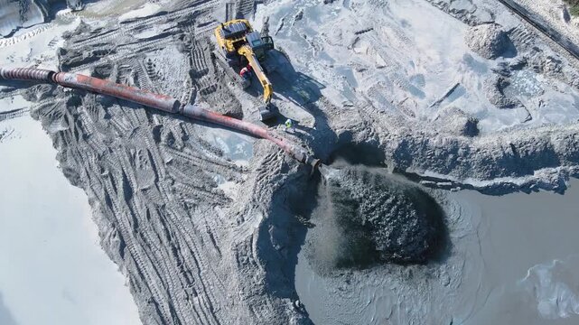 Work to widen a beach sand strip carried out by a dredger vessel, dredging and pumping of sediments from the seabed on the coast of Santa Catarina.