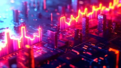 Digital cityscape silhouette overlaid with glowing financial data visualization - Powered by Adobe