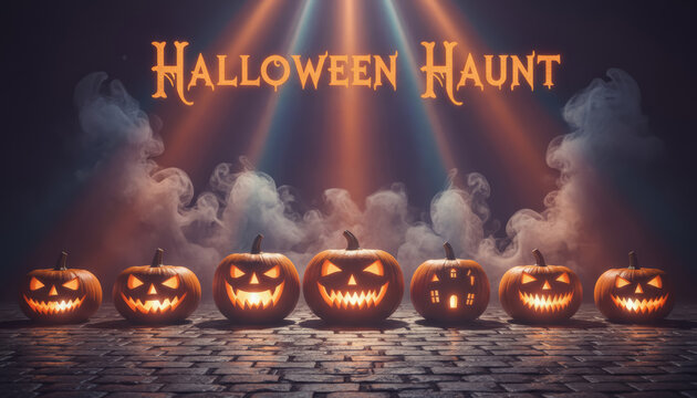 Halloween haunt event with spooky pumpkins in a dark environment