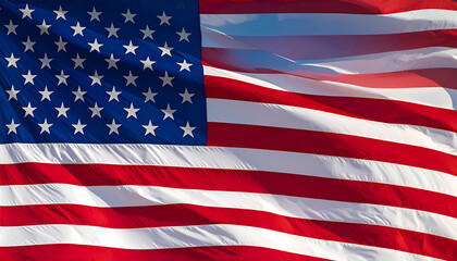 A dynamic image of the national flag of the United States of America, shown waving in the wind. The flag features thirteen horizontal stripes alternating red and white, representing the original thirt