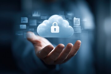 Naklejka premium Secured Cloud Storage Data Protection Network and Data Security Concept Cloud Computing Services Information Technology Cyber Security Data Privacy Backup Solutions with Lock Symbol and File Icon