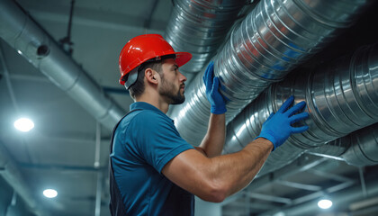 Male HVAC worker in hard hat and gloves checks metal air ducts installed in ceiling of commercial building. Pro ensures proper ventilation system function. Skilled blue collar job.