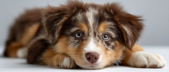 Adorable Australian Shepherd Puppy with Piercing Eyes Closeup Portrait.