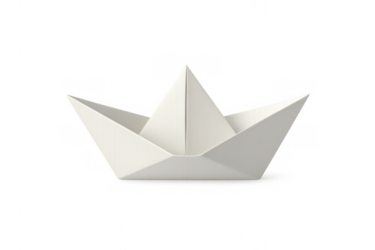 Paper boat floating, white origami craft, symbolizing childhood memories, adventure, voyage, and dreams on transparent background