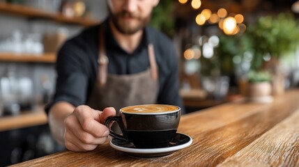 Barista Serving Latte Art Coffee in Black Cup Warm Lighting Cafe Scene.