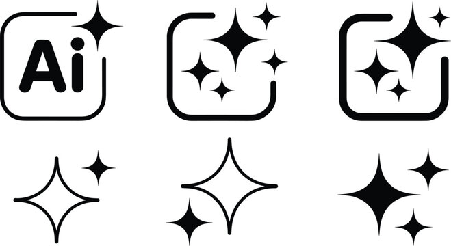 Black vector sparkle icons and Adobe Illustrator Ai logo variations, minimal design elements, clean symbols, decorative star shapes, user interface graphics