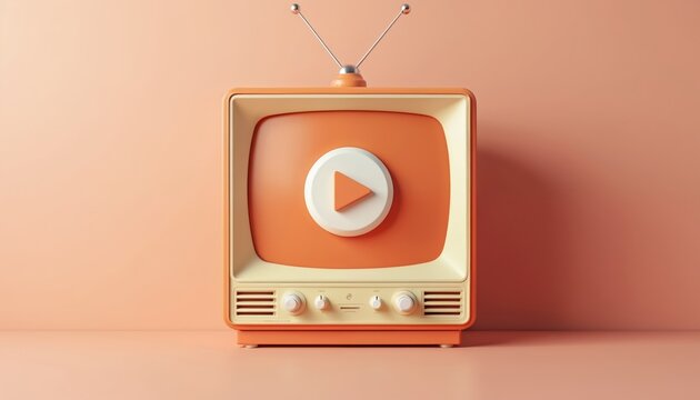 Retro television screen displays a modern play button icon. This graphic merges vintage aesthetics with digital media, representing classic entertainment and new content playback.