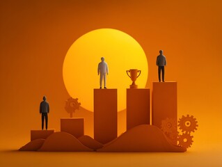 Conceptual Success Figures on Rising Platforms with Trophy Gear and Sun.