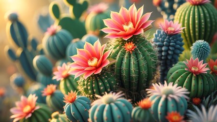 Fototapeta premium Realistic 3D cactus flowers in vibrant colors with soft golden lighting and shallow depth of field, arranged in natural composition. Ideal for wallpaper, background, or botanical design.